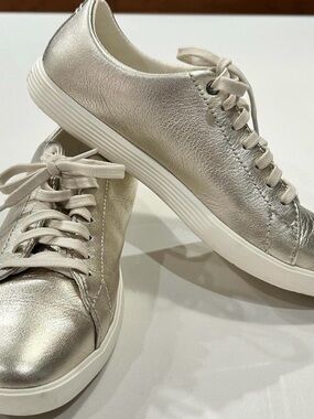 Coach Metallic Silver Leather Lace-Up Sneakers